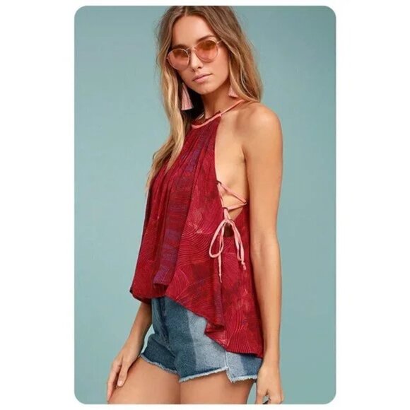 Free People Red Season In The Sun Halter Lace Up Tank Top Size XS - Picture 1 of 10